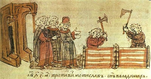Image - Grand Prince Mstyslav I Volodymyrovych builds the Pyrohoshcha Church of the Mother of God in Kyiv (13th-century illumination).